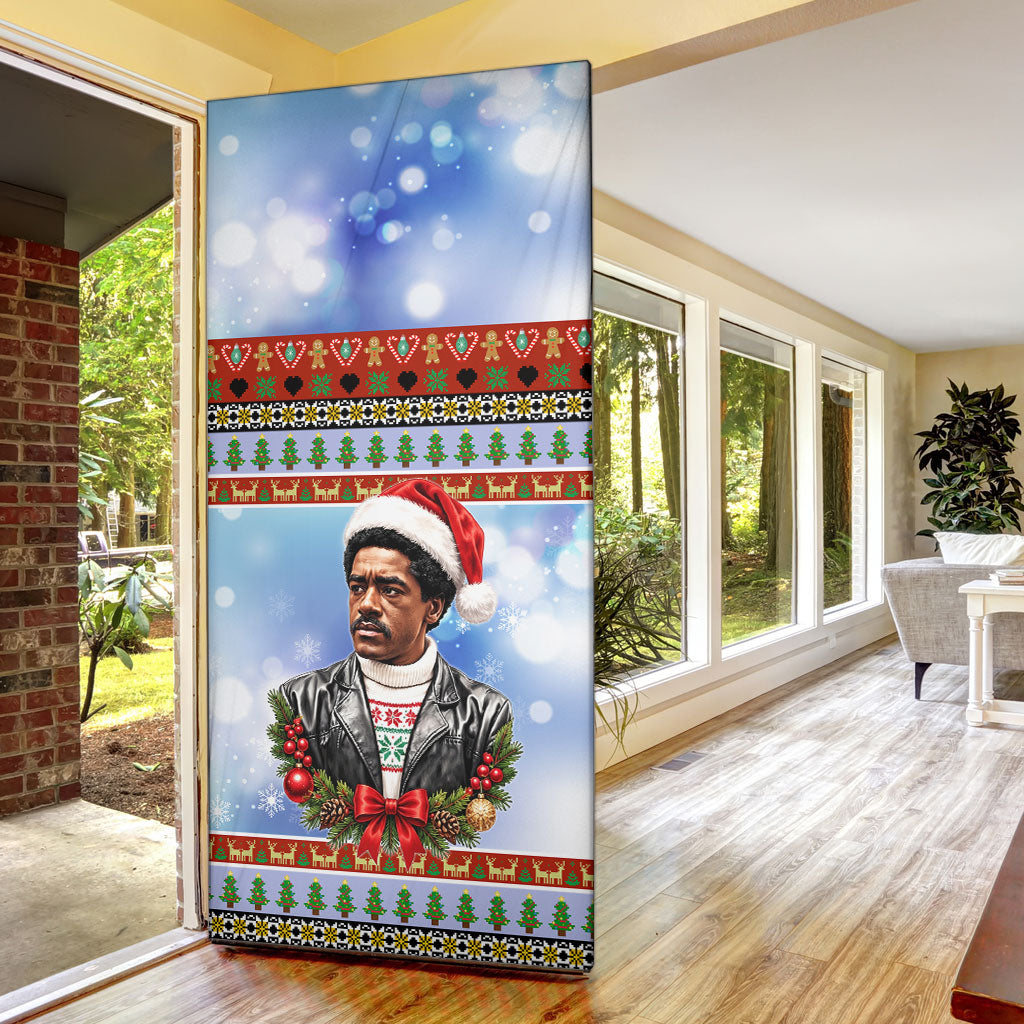 Bobby Seale Christmas Door Cover Retro Ugly Christmas Pattern Festive Activist Portrait