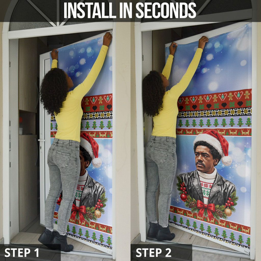 Bobby Seale Christmas Door Cover Retro Ugly Christmas Pattern Festive Activist Portrait