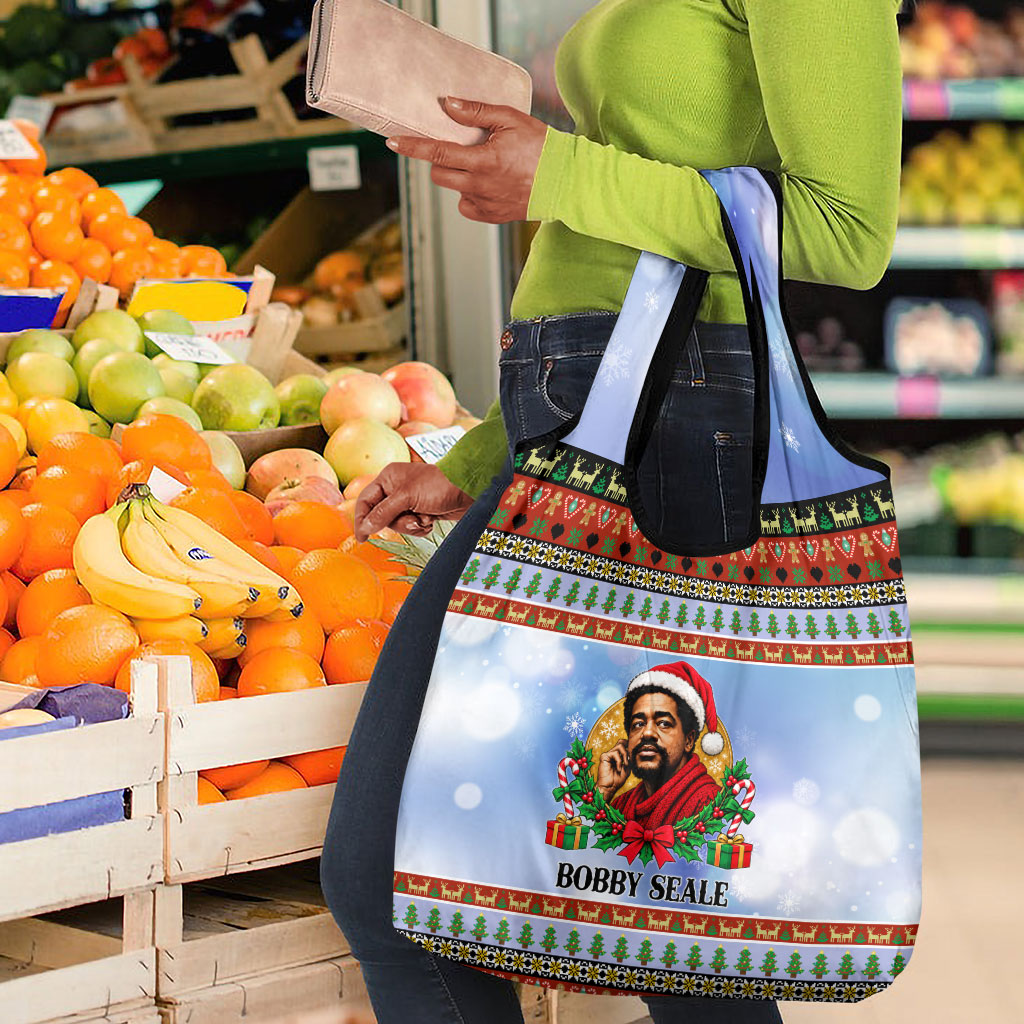 Bobby Seale Christmas Grocery Bag Retro Ugly Christmas Pattern Festive Activist Portrait