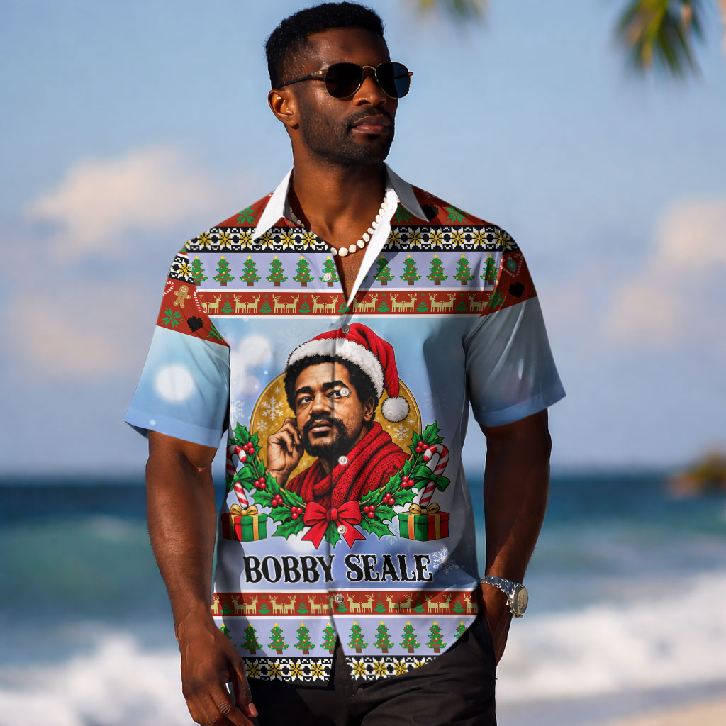 Bobby Seale Christmas Hawaiian Shirt Retro Ugly Christmas Pattern Festive Activist Portrait