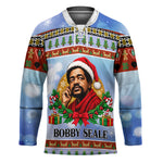 Bobby Seale Christmas Hockey Jersey Retro Ugly Christmas Pattern Festive Activist Portrait
