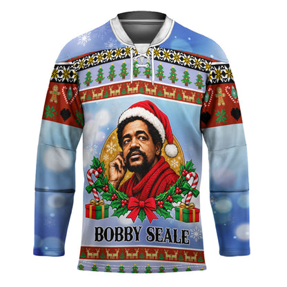 Bobby Seale Christmas Hockey Jersey Retro Ugly Christmas Pattern Festive Activist Portrait