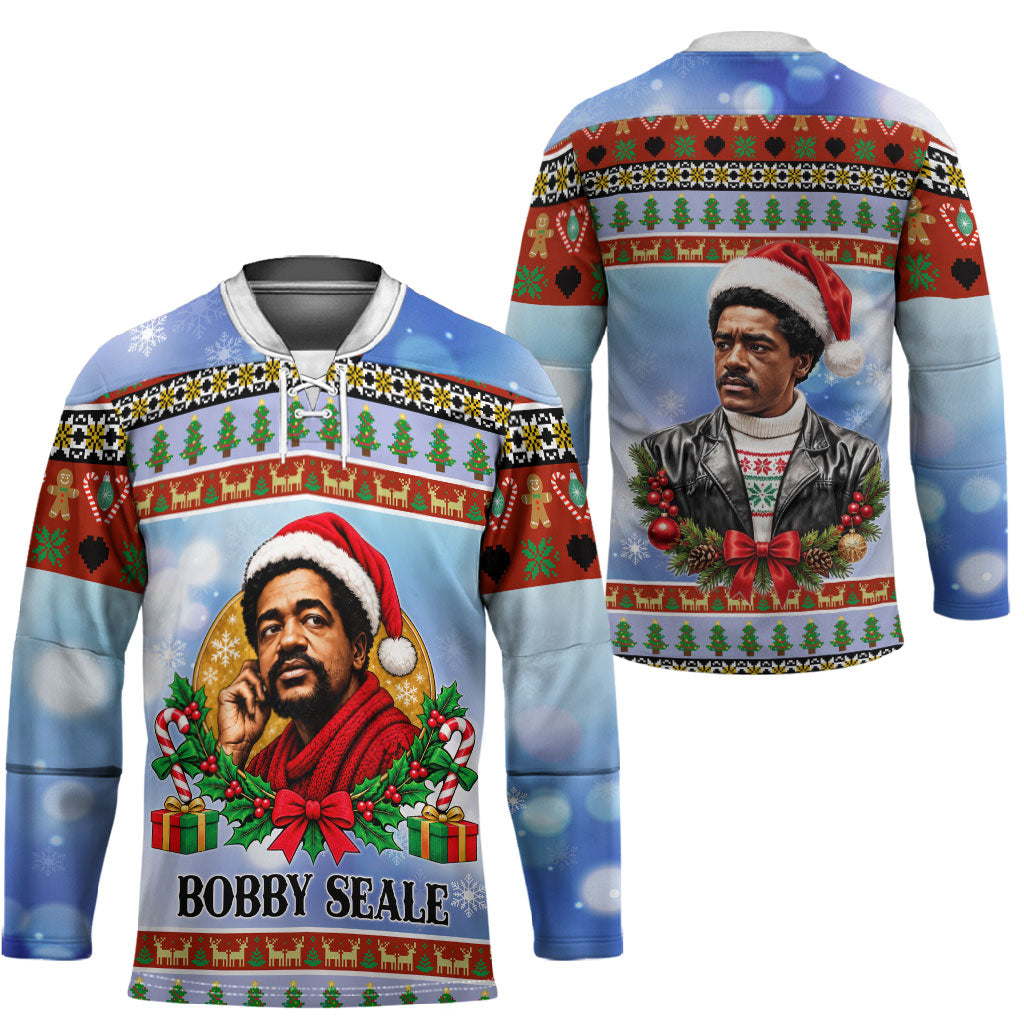 Bobby Seale Christmas Hockey Jersey Retro Ugly Christmas Pattern Festive Activist Portrait