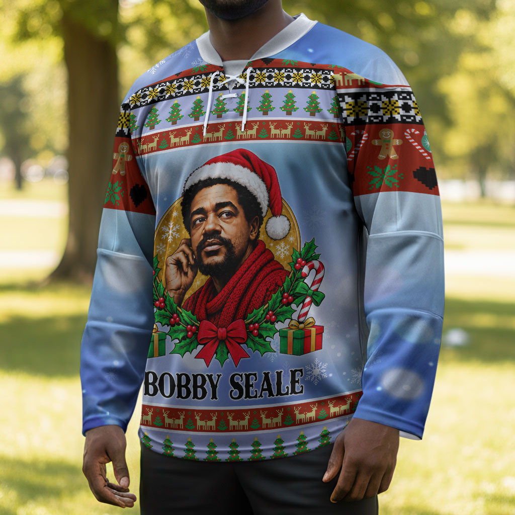 Bobby Seale Christmas Hockey Jersey Retro Ugly Christmas Pattern Festive Activist Portrait