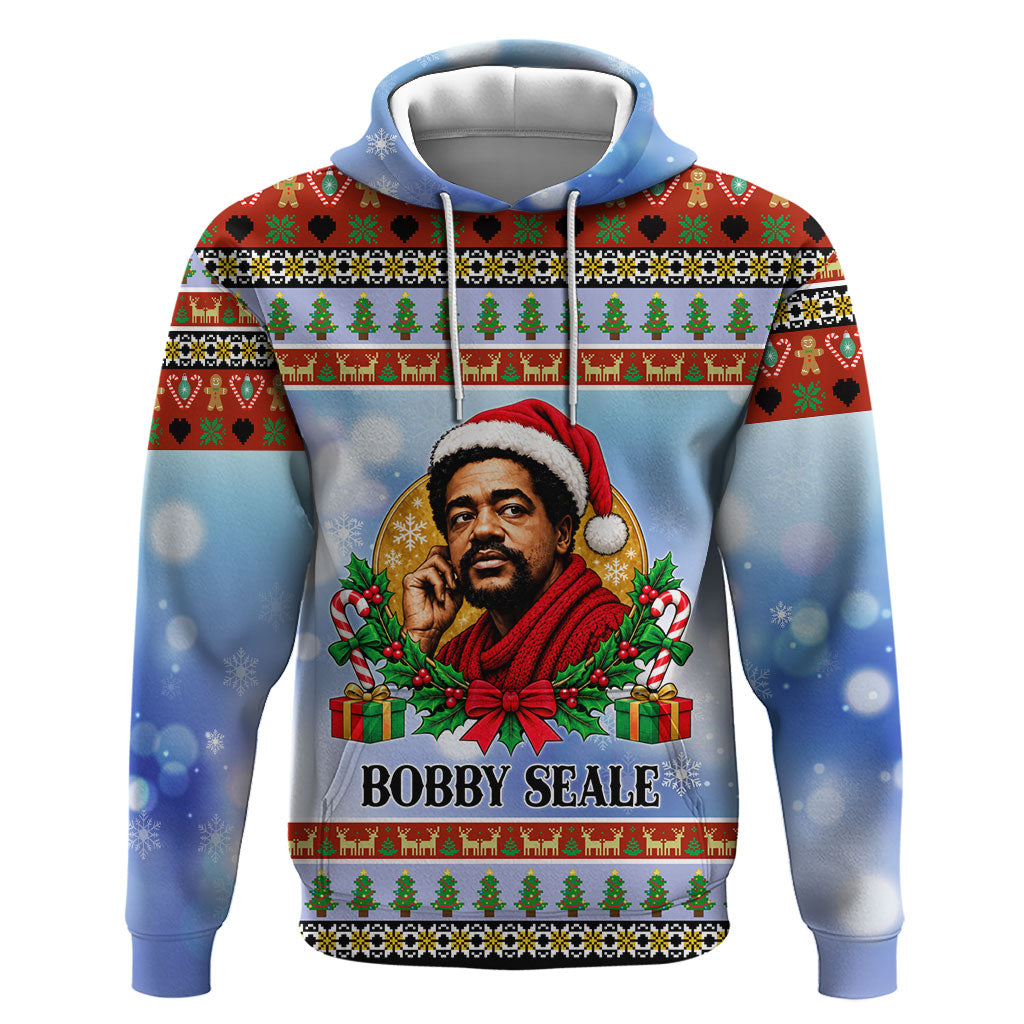 Bobby Seale Christmas Hoodie Retro Ugly Christmas Pattern Festive Activist Portrait