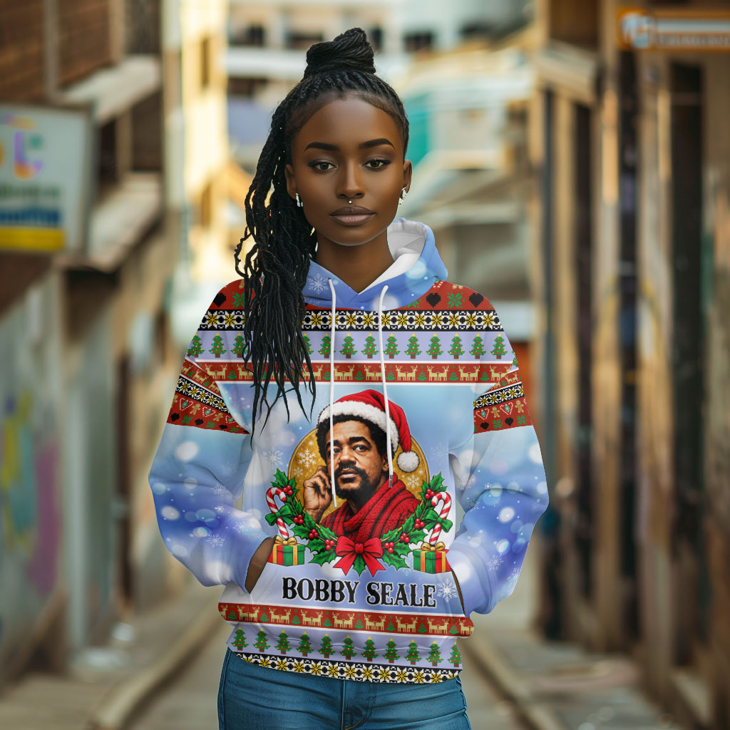 Bobby Seale Christmas Hoodie Retro Ugly Christmas Pattern Festive Activist Portrait