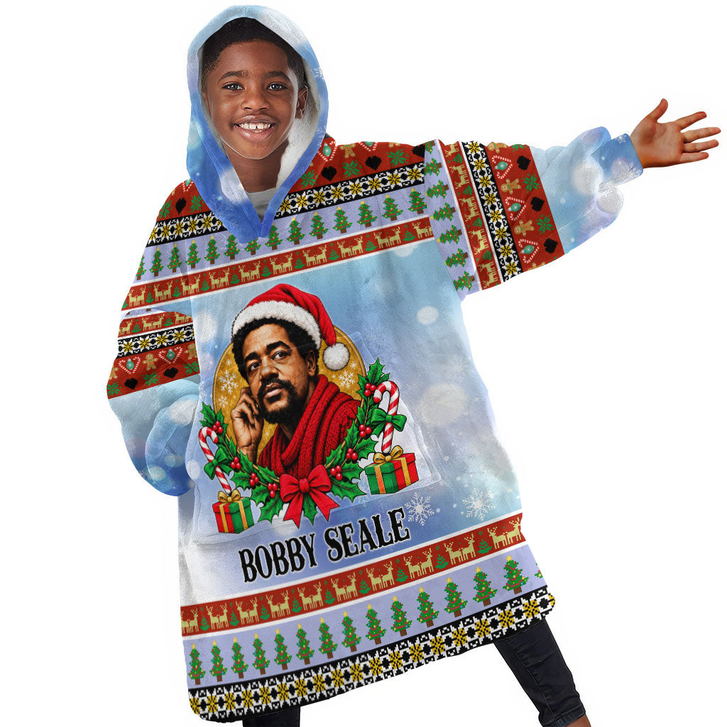 Bobby Seale Christmas Kid Wearable Blanket Hoodie Retro Ugly Christmas Pattern Festive Activist Portrait