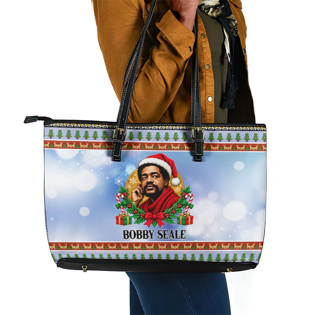 Bobby Seale Christmas Leather Tote Bag Retro Ugly Christmas Pattern Festive Activist Portrait