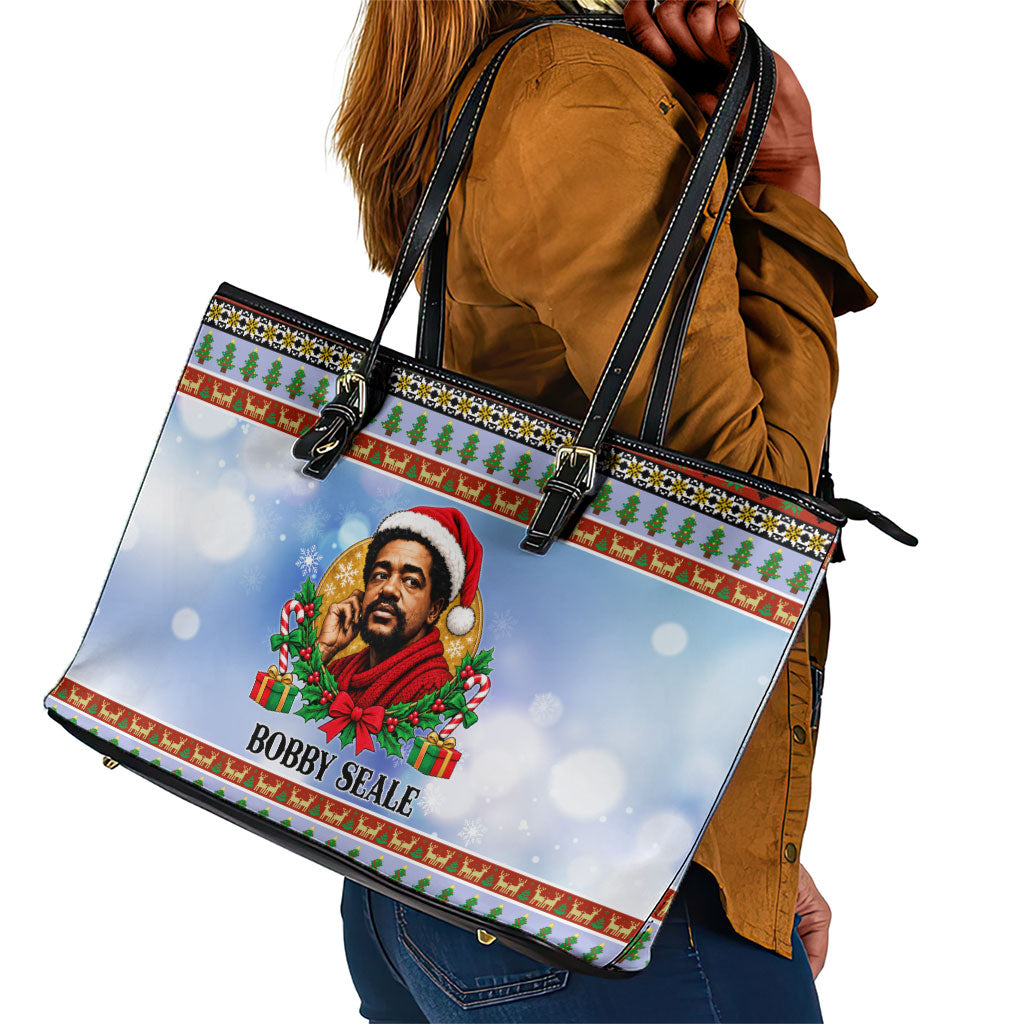 Bobby Seale Christmas Leather Tote Bag Retro Ugly Christmas Pattern Festive Activist Portrait