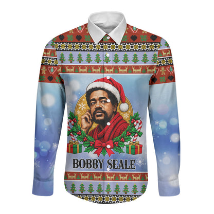 Bobby Seale Christmas Long Sleeve Button Shirt Retro Ugly Christmas Pattern Festive Activist Portrait