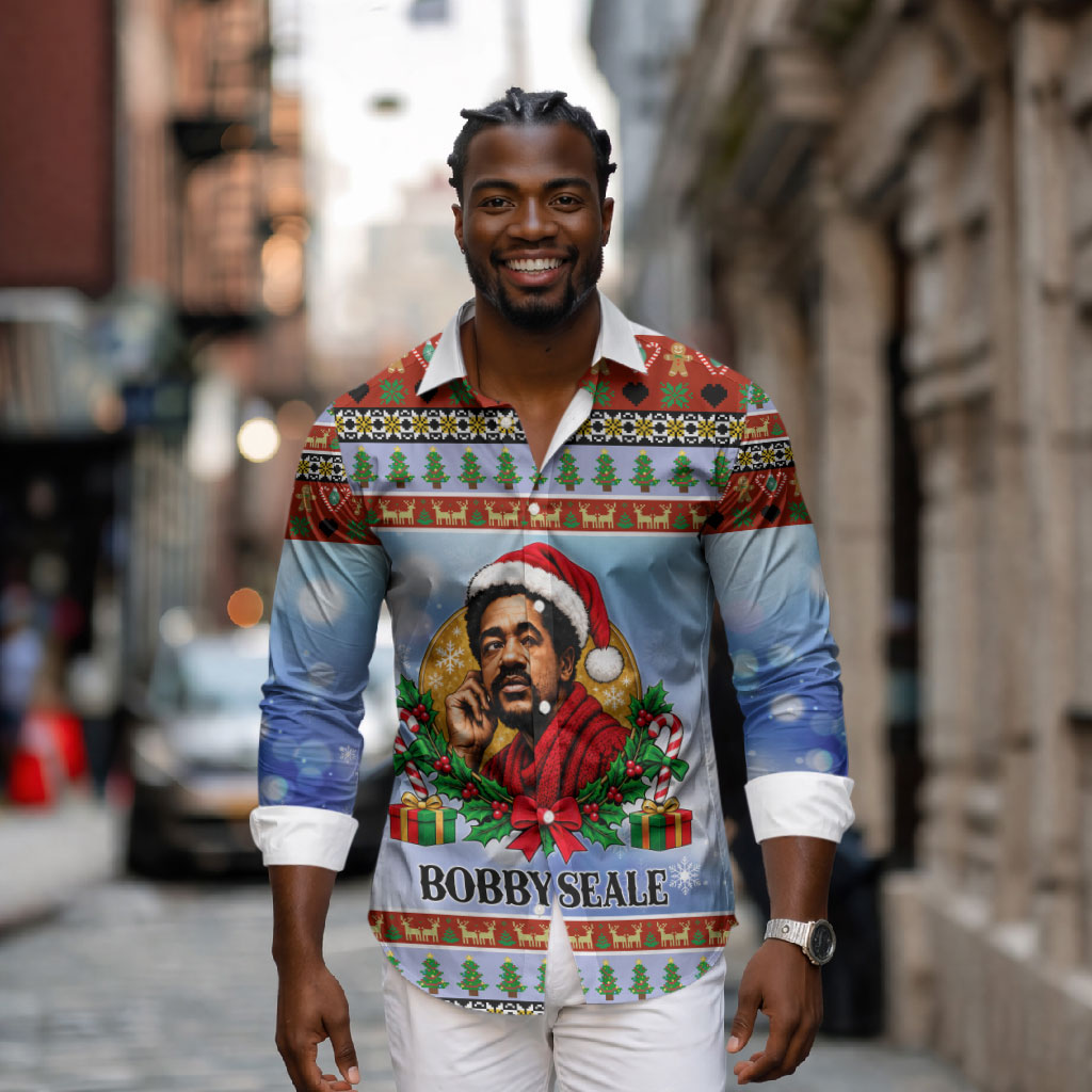 Bobby Seale Christmas Long Sleeve Button Shirt Retro Ugly Christmas Pattern Festive Activist Portrait