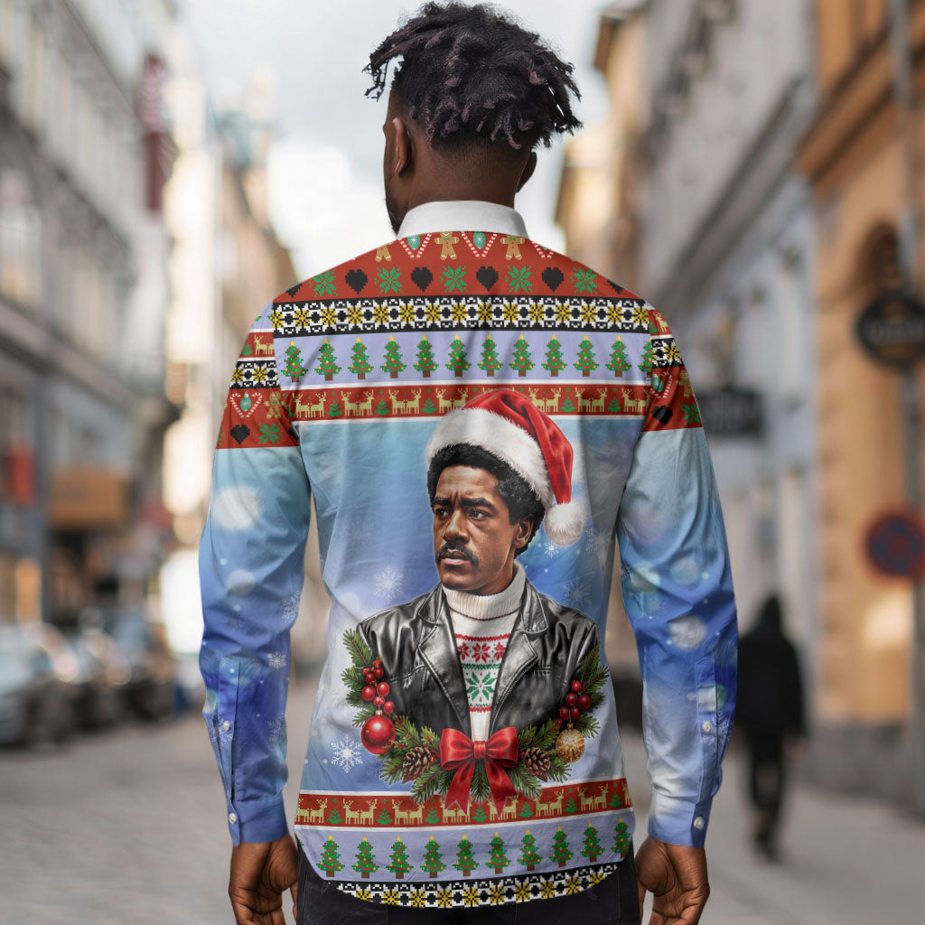 Bobby Seale Christmas Long Sleeve Button Shirt Retro Ugly Christmas Pattern Festive Activist Portrait