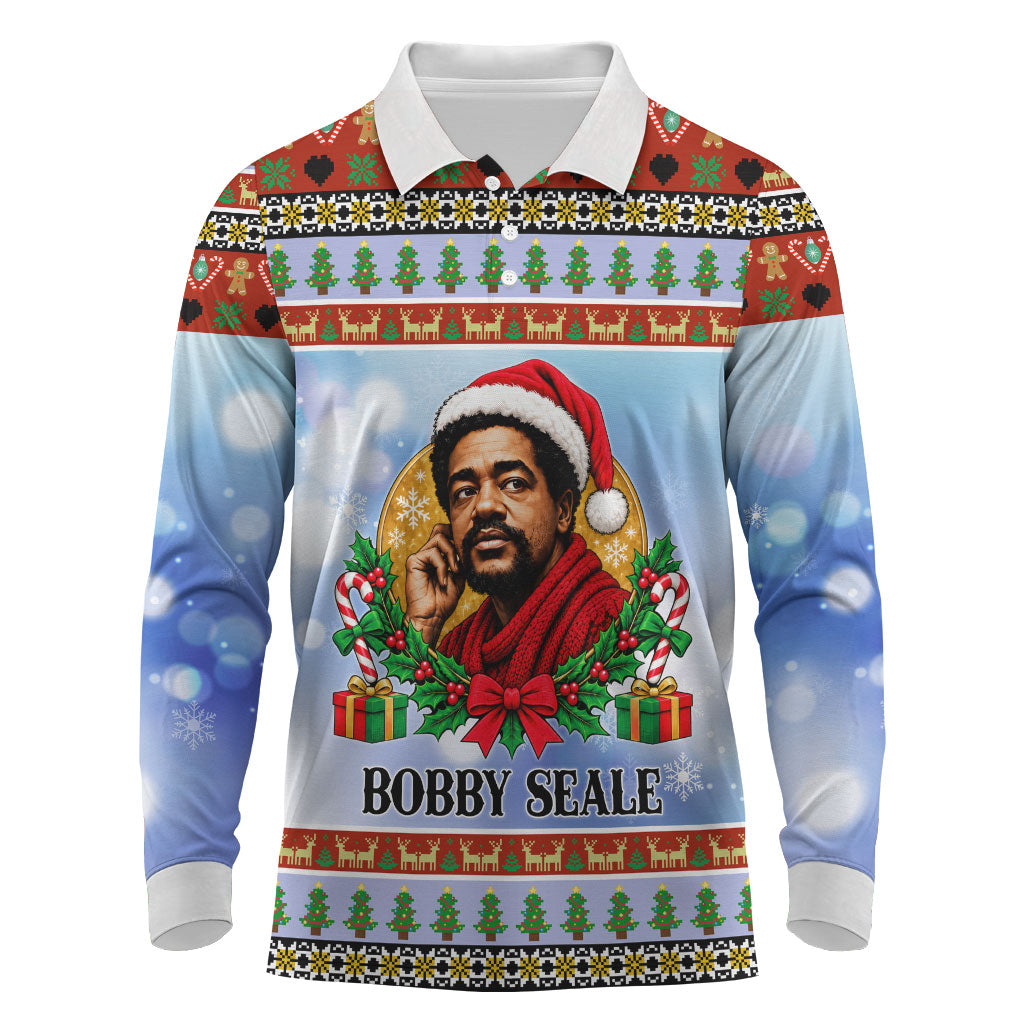 Bobby Seale Christmas Long Sleeve Polo Shirt Retro Ugly Christmas Pattern Festive Activist Portrait