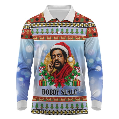 Bobby Seale Christmas Long Sleeve Polo Shirt Retro Ugly Christmas Pattern Festive Activist Portrait