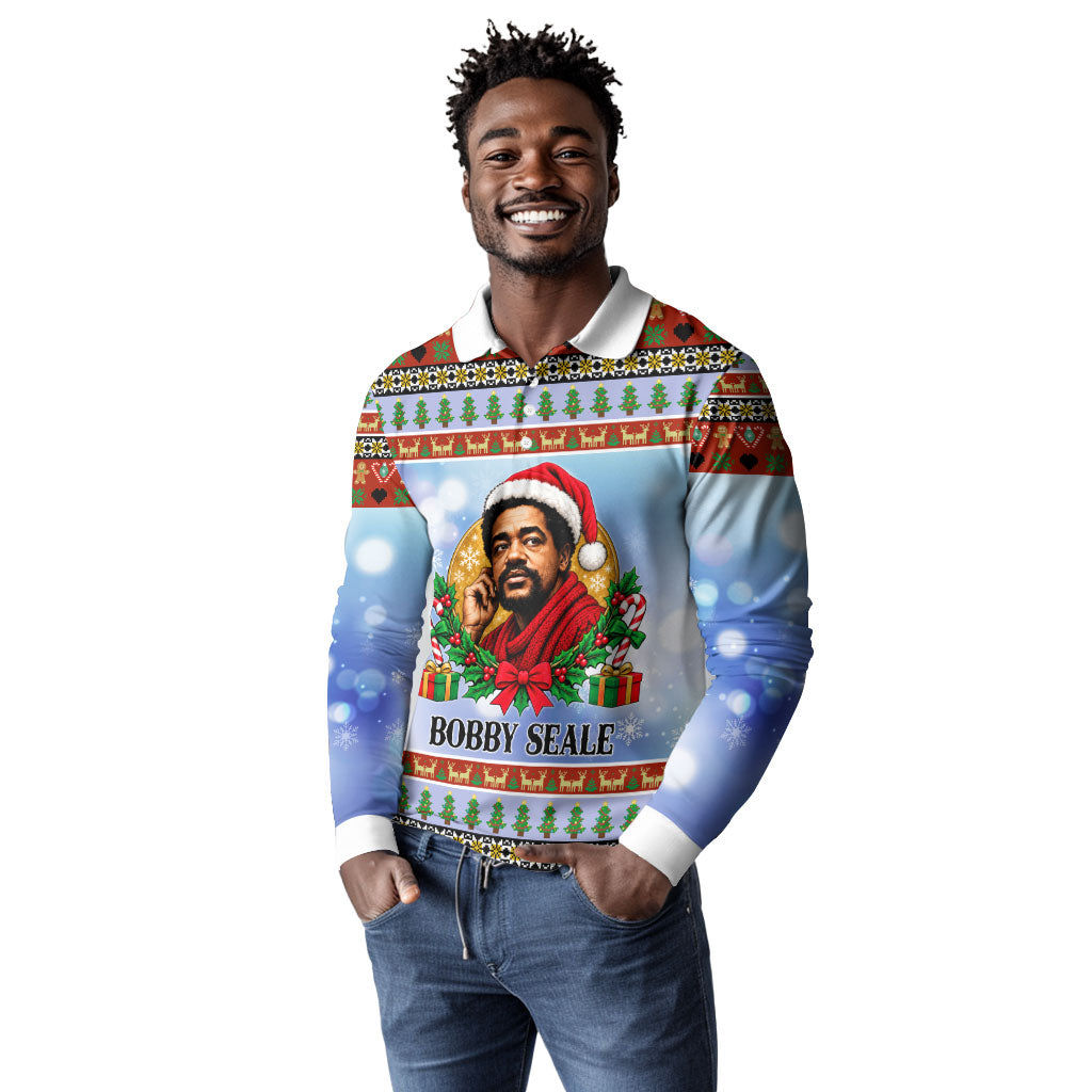 Bobby Seale Christmas Long Sleeve Polo Shirt Retro Ugly Christmas Pattern Festive Activist Portrait