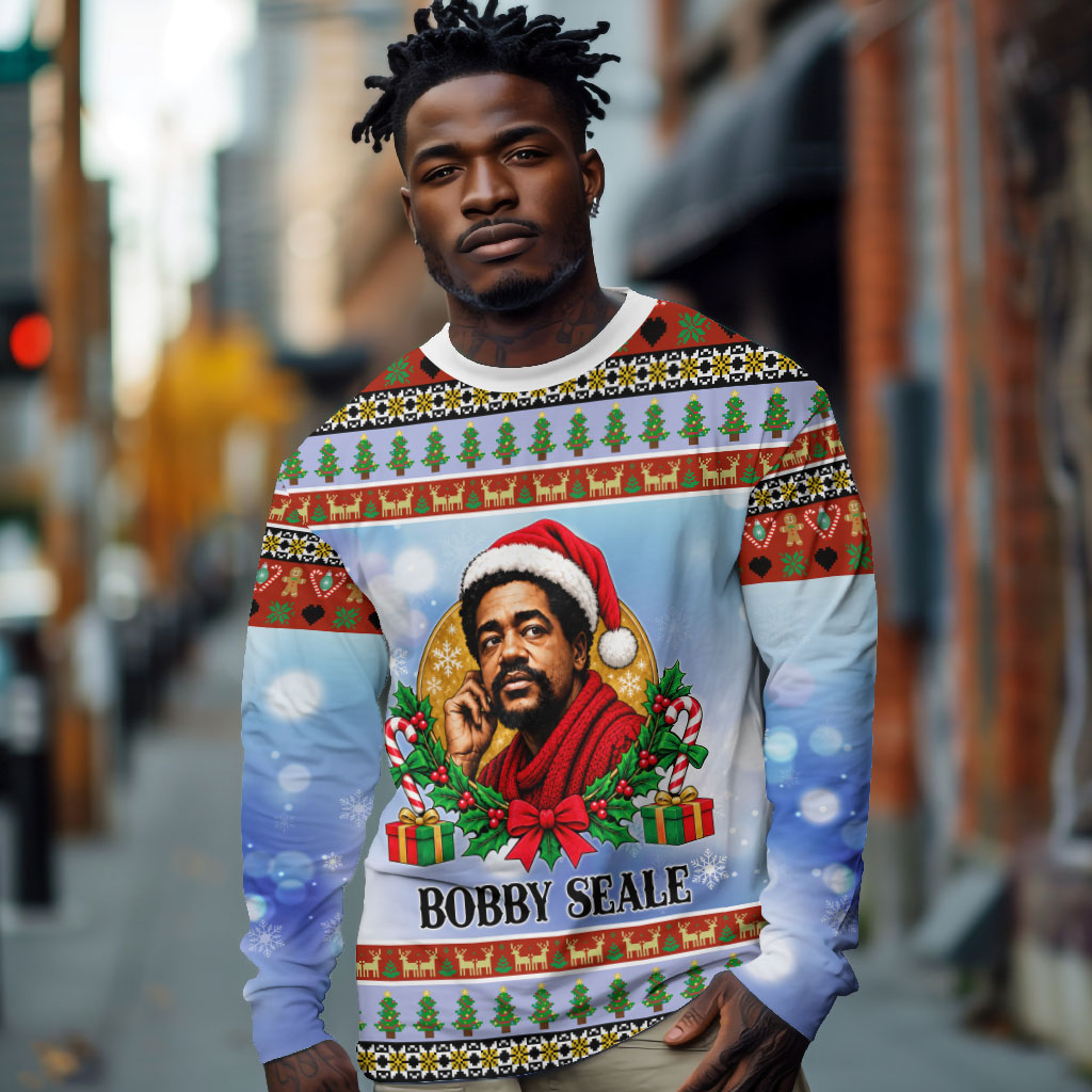 Bobby Seale Christmas Long Sleeve Shirt Retro Ugly Christmas Pattern Festive Activist Portrait