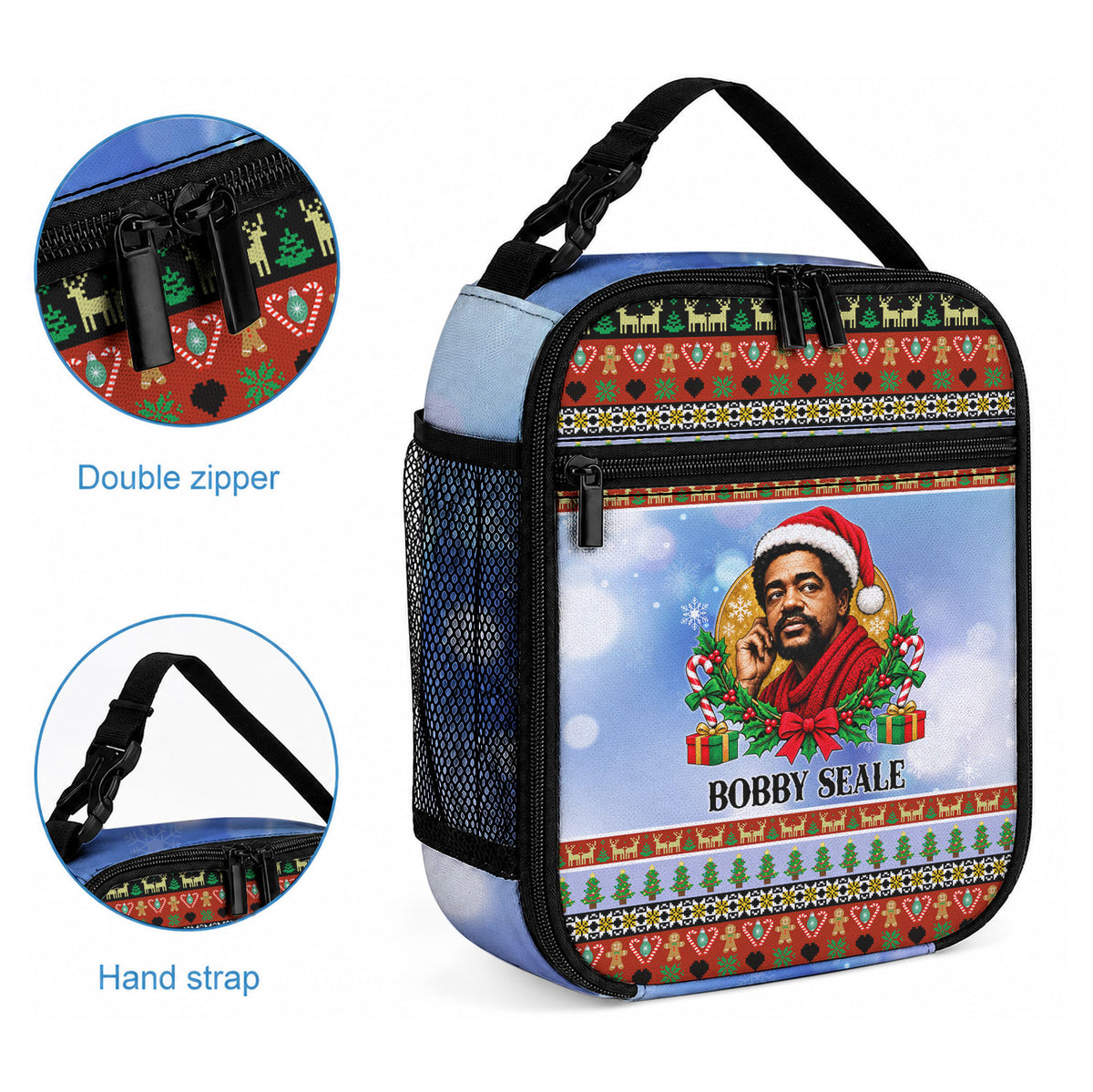 Bobby Seale Christmas Lunch Bag Retro Ugly Christmas Pattern Festive Activist Portrait