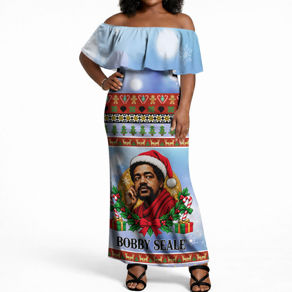 Bobby Seale Christmas Off Shoulder Maxi Dress Retro Ugly Christmas Pattern Festive Activist Portrait