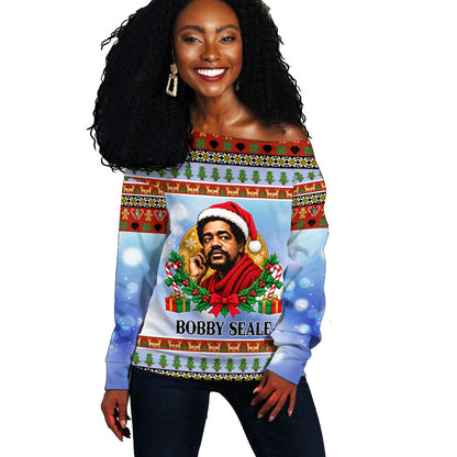 Bobby Seale Christmas Off Shoulder Sweater Retro Ugly Christmas Pattern Festive Activist Portrait