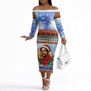 Bobby Seale Christmas Off The Shoulder Long Sleeve Dress Retro Ugly Christmas Pattern Festive Activist Portrait