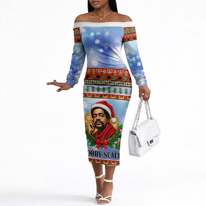 Bobby Seale Christmas Off The Shoulder Long Sleeve Dress Retro Ugly Christmas Pattern Festive Activist Portrait