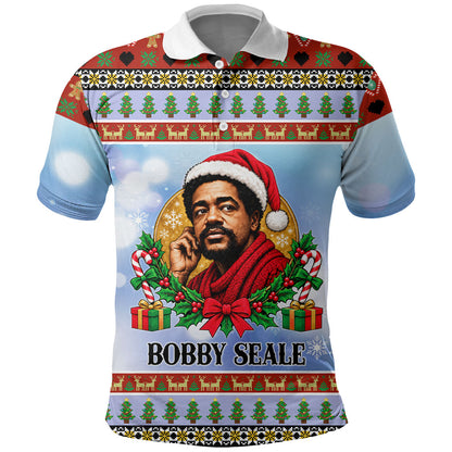 Bobby Seale Christmas Polo Shirt Retro Ugly Christmas Pattern Festive Activist Portrait