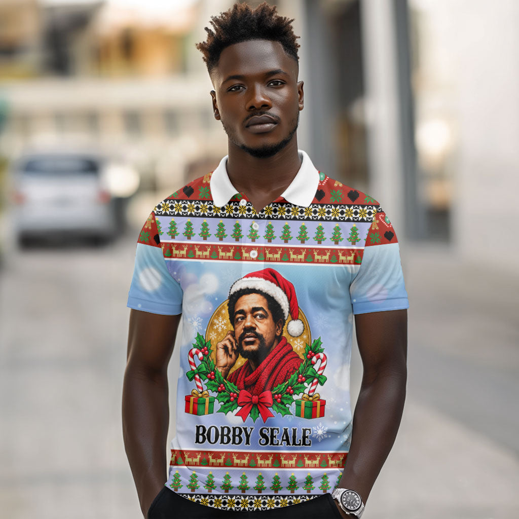 Bobby Seale Christmas Polo Shirt Retro Ugly Christmas Pattern Festive Activist Portrait