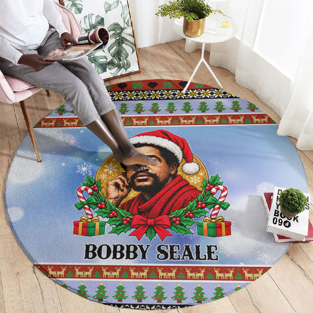 Bobby Seale Christmas Round Carpet Retro Ugly Christmas Pattern Festive Activist Portrait