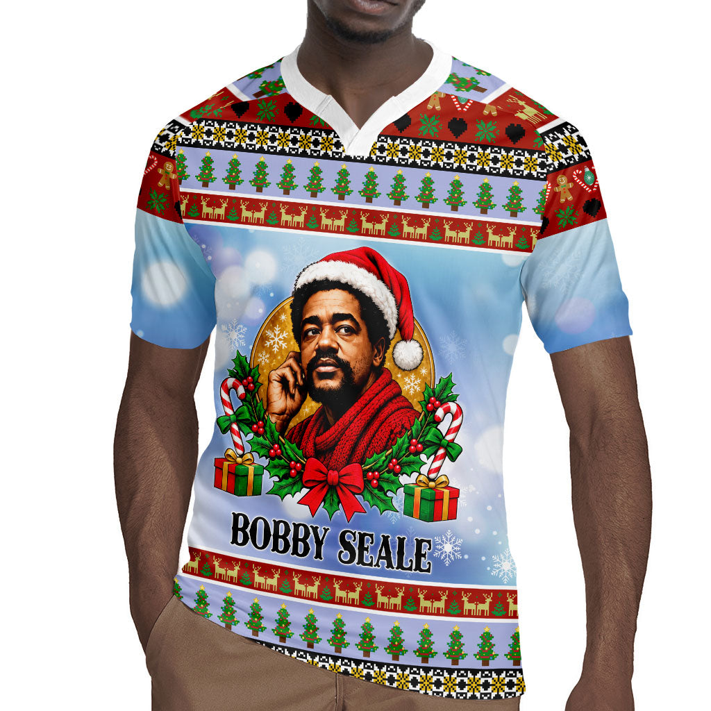 Bobby Seale Christmas Rugby Jersey Retro Ugly Christmas Pattern Festive Activist Portrait