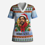 Bobby Seale Christmas Scrub Top Retro Ugly Christmas Pattern Festive Activist Portrait