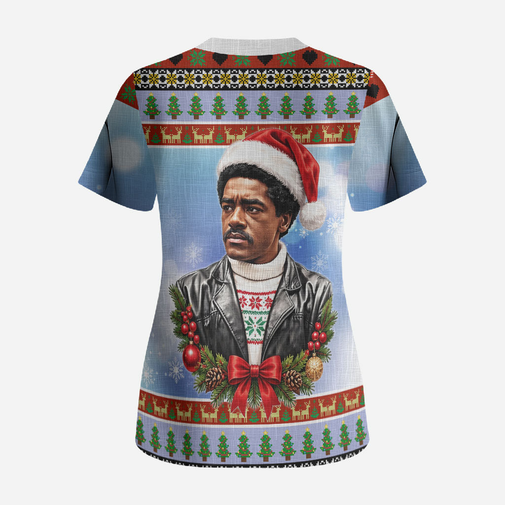 Bobby Seale Christmas Scrub Top Retro Ugly Christmas Pattern Festive Activist Portrait