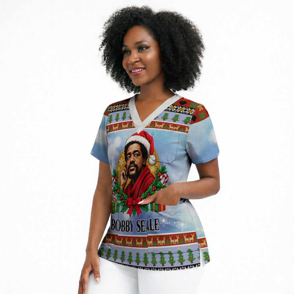 Bobby Seale Christmas Scrub Top Retro Ugly Christmas Pattern Festive Activist Portrait