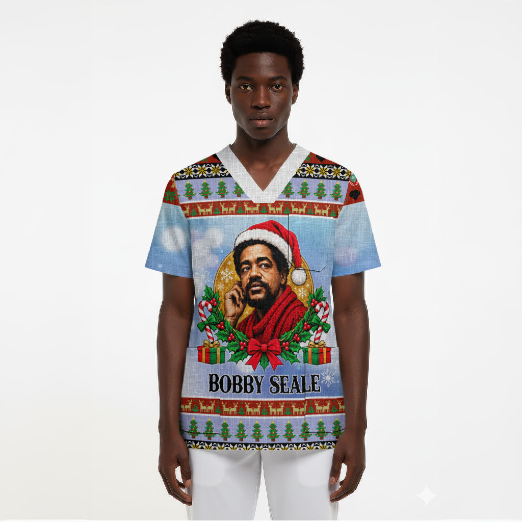 Bobby Seale Christmas Scrub Top Retro Ugly Christmas Pattern Festive Activist Portrait