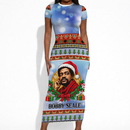 Bobby Seale Christmas Short Sleeve Bodycon Dress Retro Ugly Christmas Pattern Festive Activist Portrait