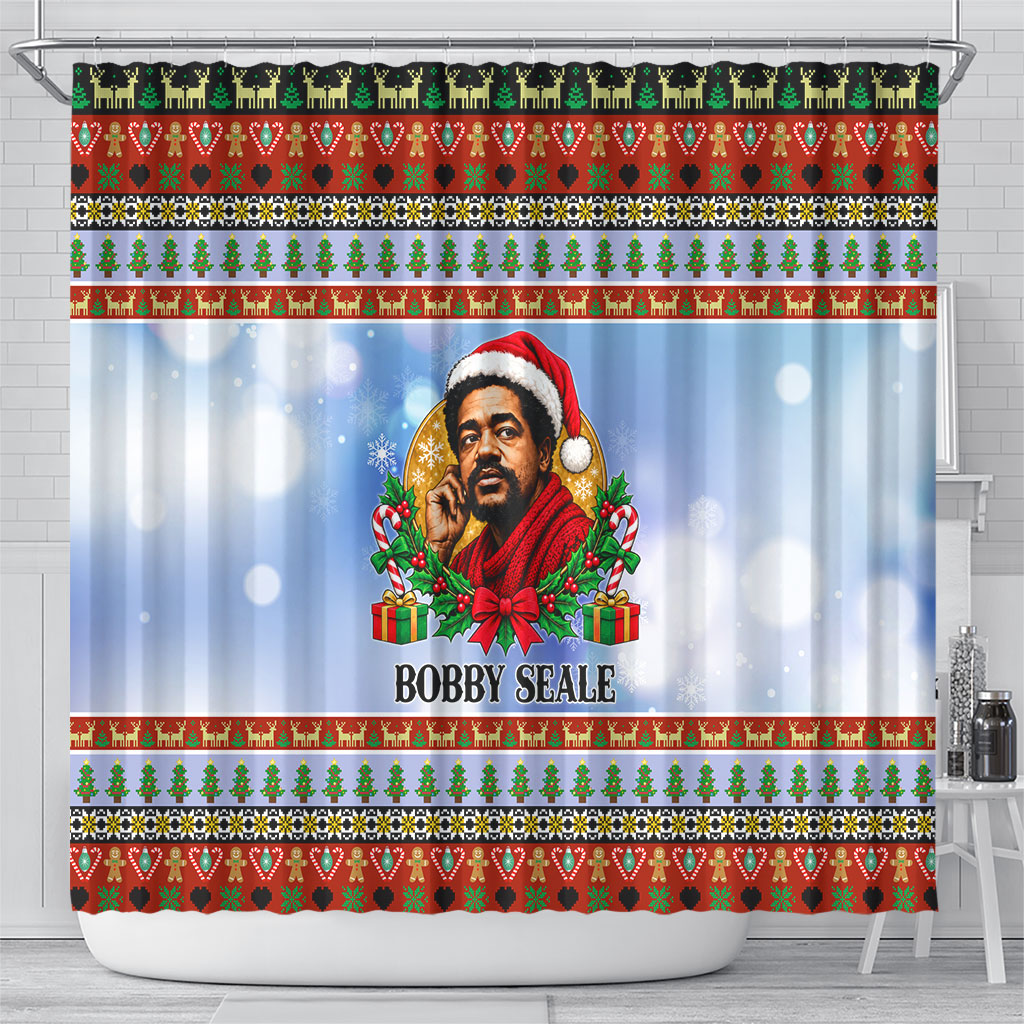 Bobby Seale Christmas Shower Curtain Retro Ugly Christmas Pattern Festive Activist Portrait