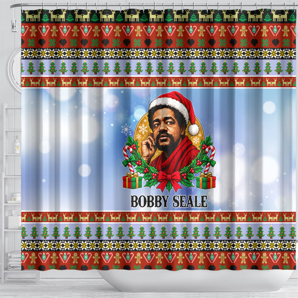 Bobby Seale Christmas Shower Curtain Retro Ugly Christmas Pattern Festive Activist Portrait