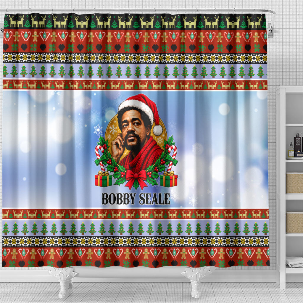 Bobby Seale Christmas Shower Curtain Retro Ugly Christmas Pattern Festive Activist Portrait