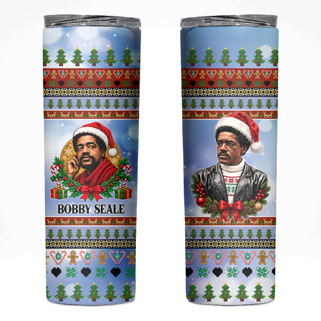 Bobby Seale Christmas Skinny Tumbler Retro Ugly Christmas Pattern Festive Activist Portrait