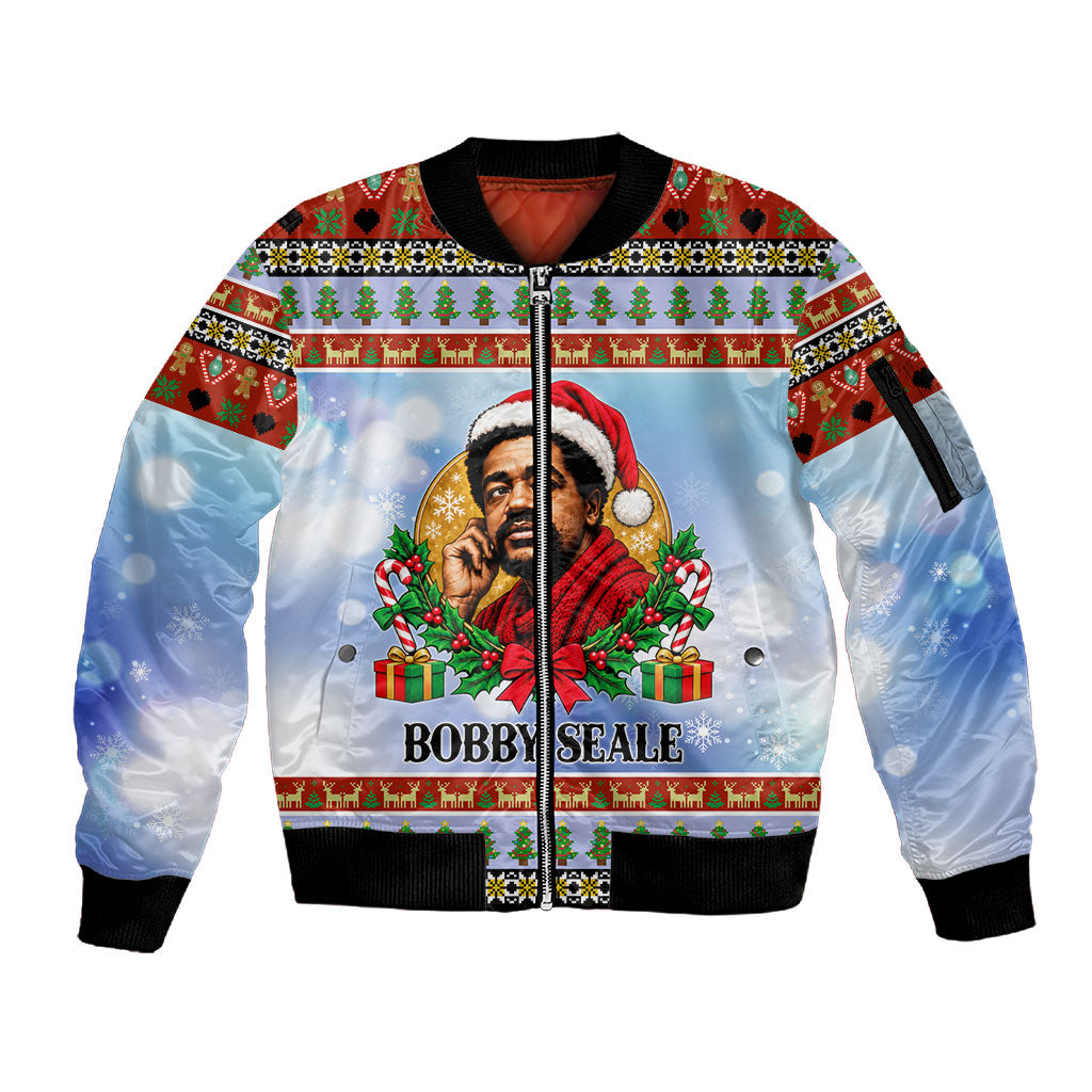 Bobby Seale Christmas Sleeve Zip Bomber Jacket Retro Ugly Christmas Pattern Festive Activist Portrait