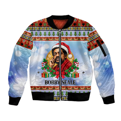 Bobby Seale Christmas Sleeve Zip Bomber Jacket Retro Ugly Christmas Pattern Festive Activist Portrait