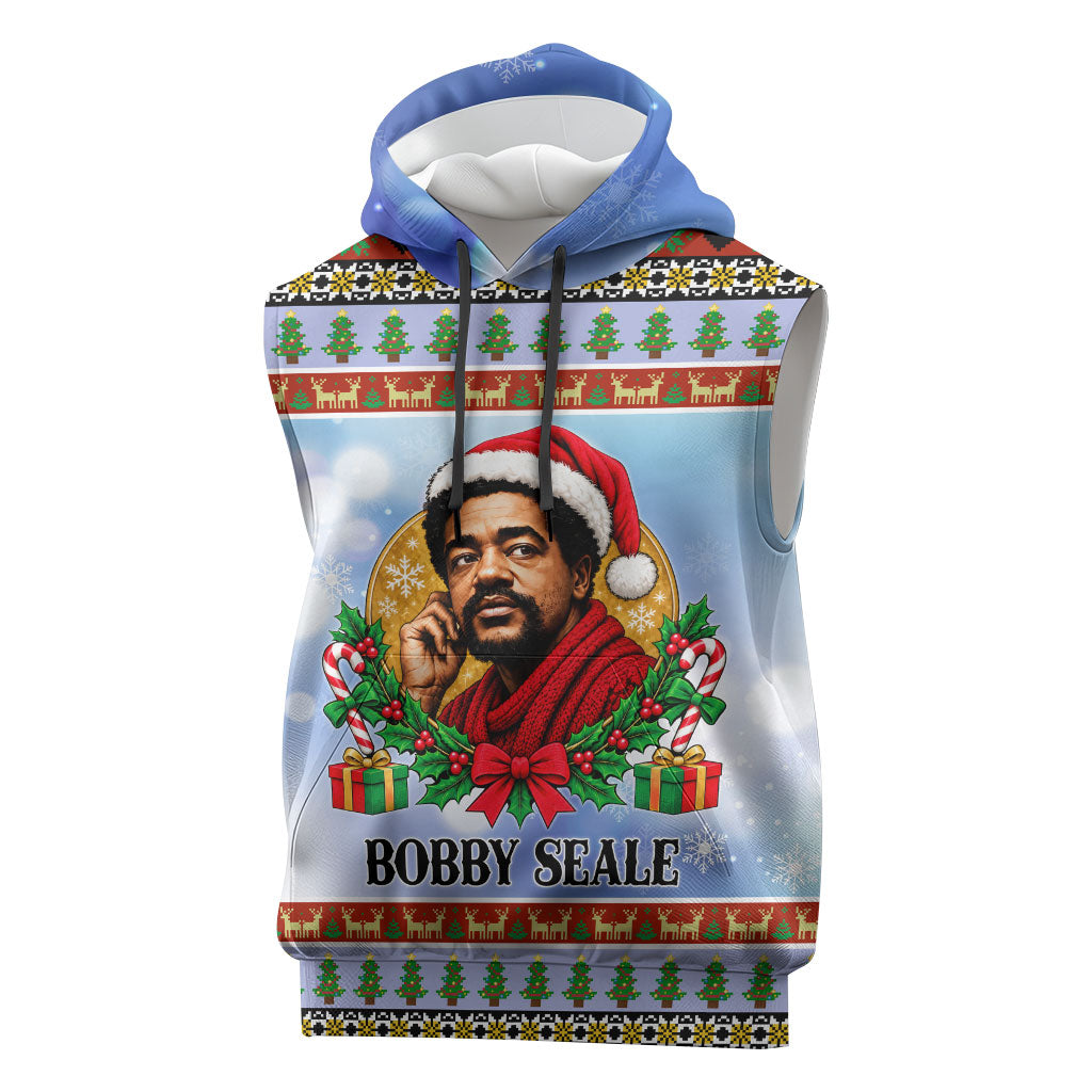 Bobby Seale Christmas Sleeveless Hoodie Retro Ugly Christmas Pattern Festive Activist Portrait