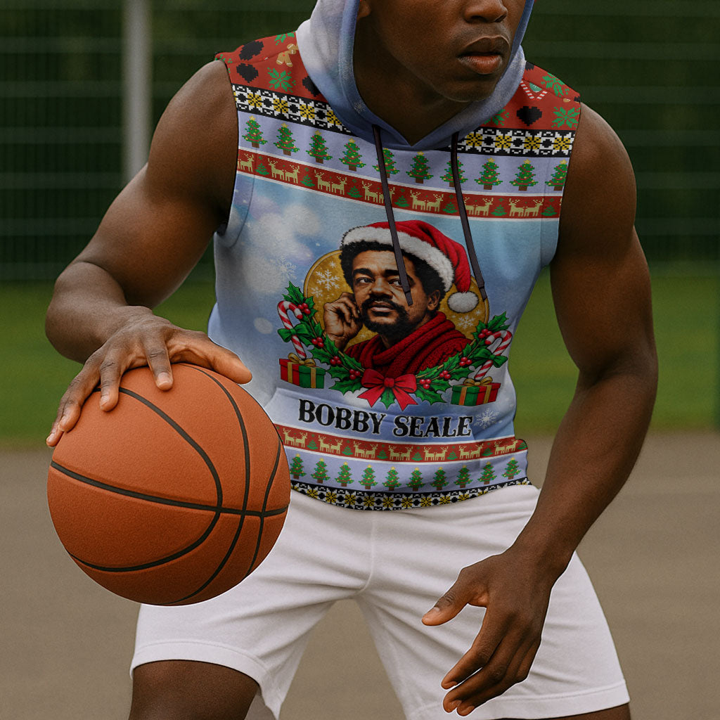 Bobby Seale Christmas Sleeveless Hoodie Retro Ugly Christmas Pattern Festive Activist Portrait