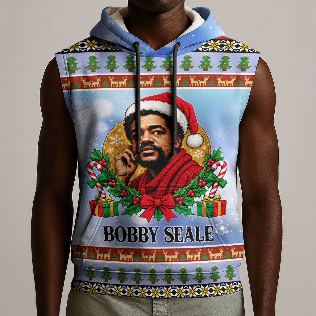 Bobby Seale Christmas Sleeveless Hoodie Retro Ugly Christmas Pattern Festive Activist Portrait