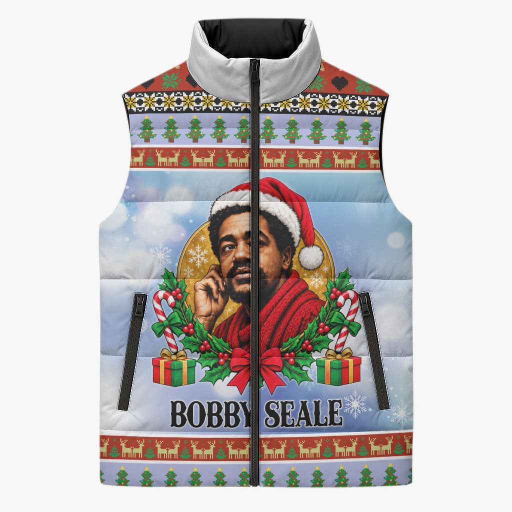 Bobby Seale Christmas Sleeveless Puffer Jacket Retro Ugly Christmas Pattern Festive Activist Portrait