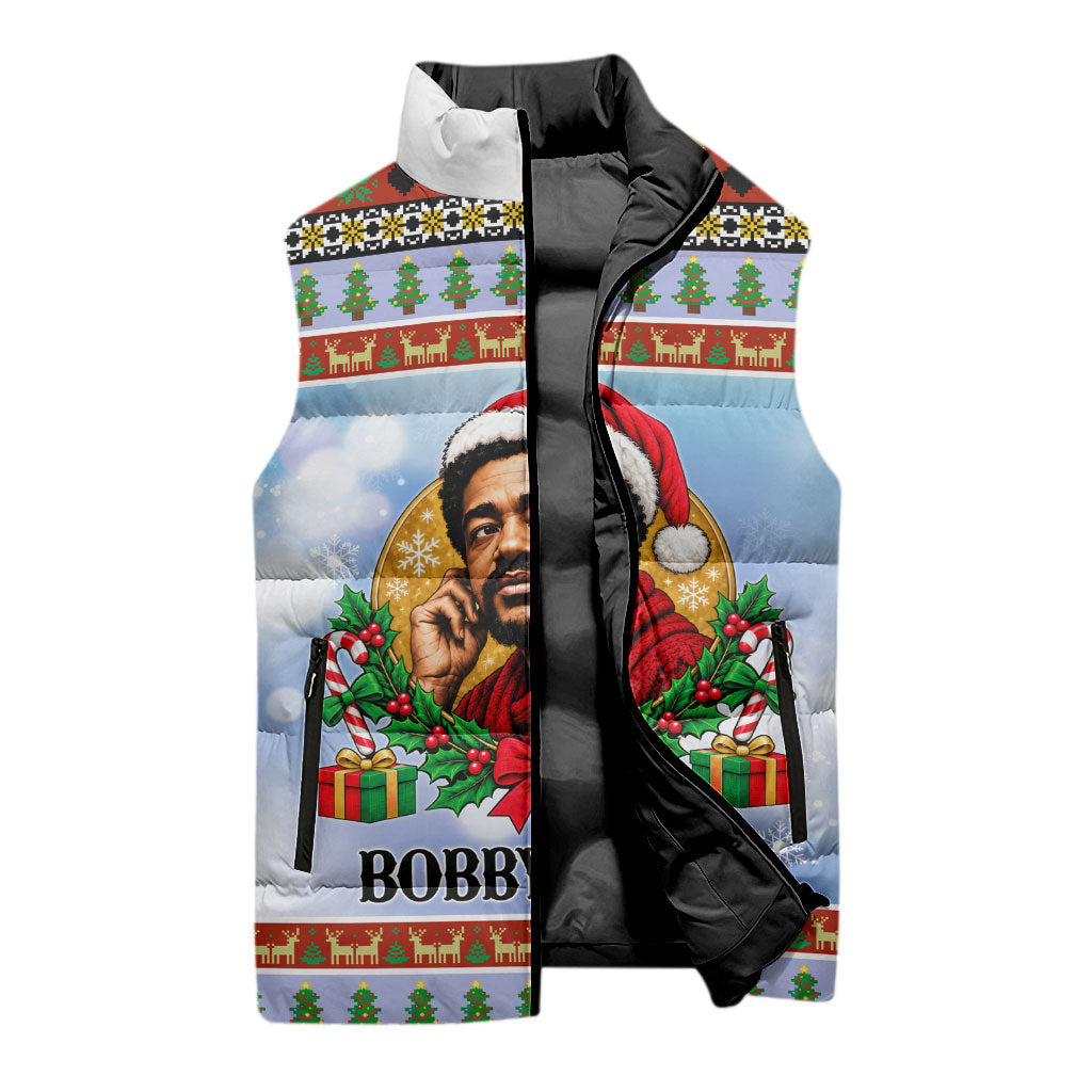 Bobby Seale Christmas Sleeveless Puffer Jacket Retro Ugly Christmas Pattern Festive Activist Portrait
