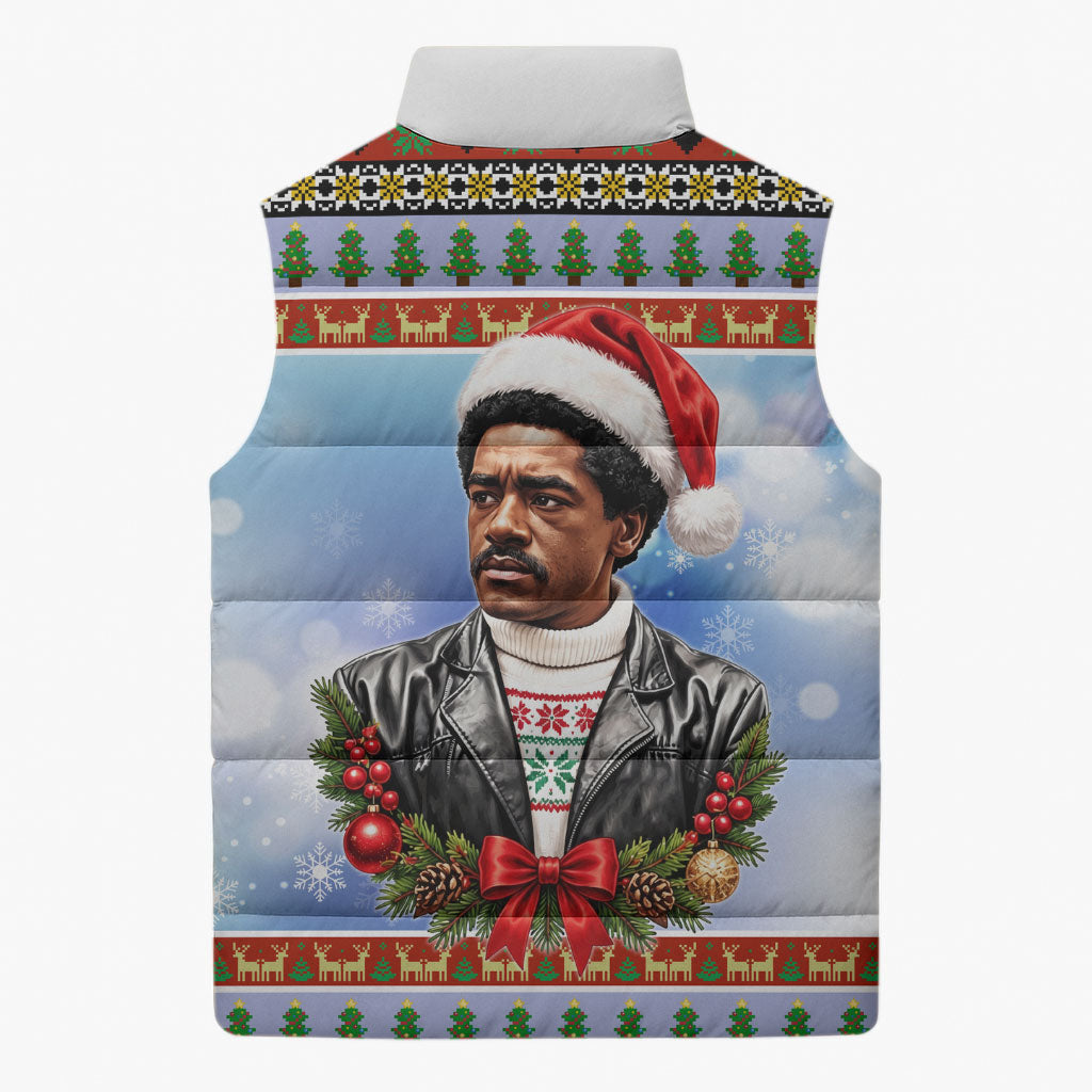 Bobby Seale Christmas Sleeveless Puffer Jacket Retro Ugly Christmas Pattern Festive Activist Portrait