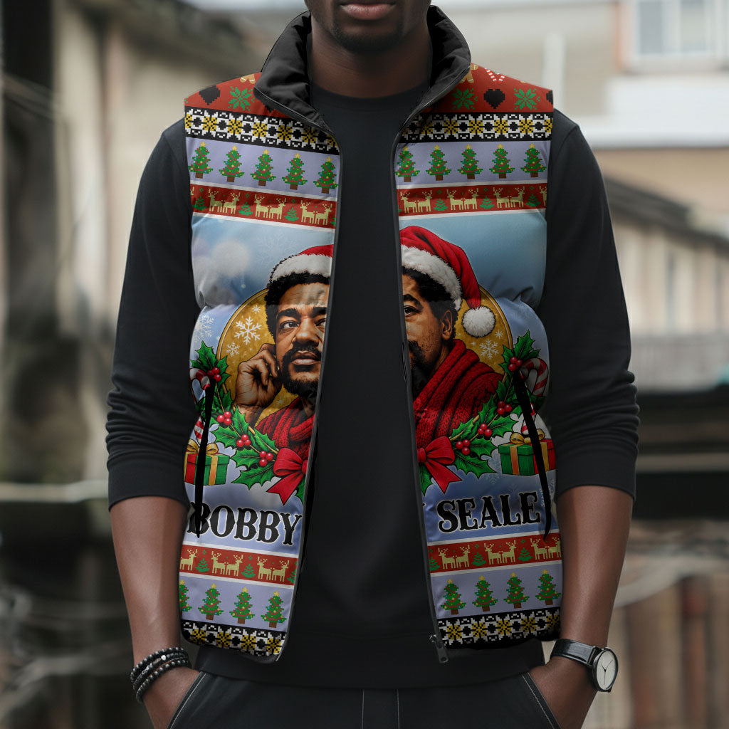 Bobby Seale Christmas Sleeveless Puffer Jacket Retro Ugly Christmas Pattern Festive Activist Portrait