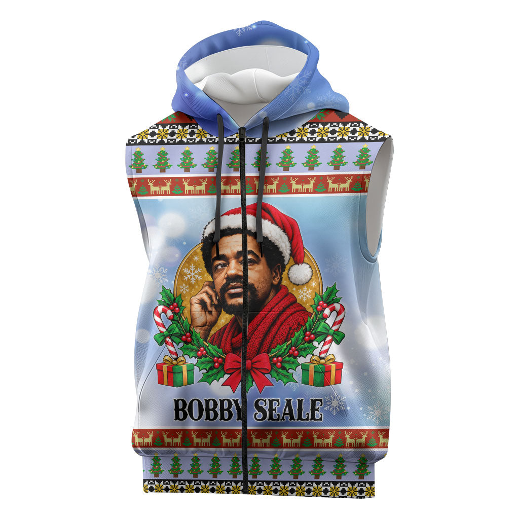 Bobby Seale Christmas Sleeveless Zip Hoodie Retro Ugly Christmas Pattern Festive Activist Portrait
