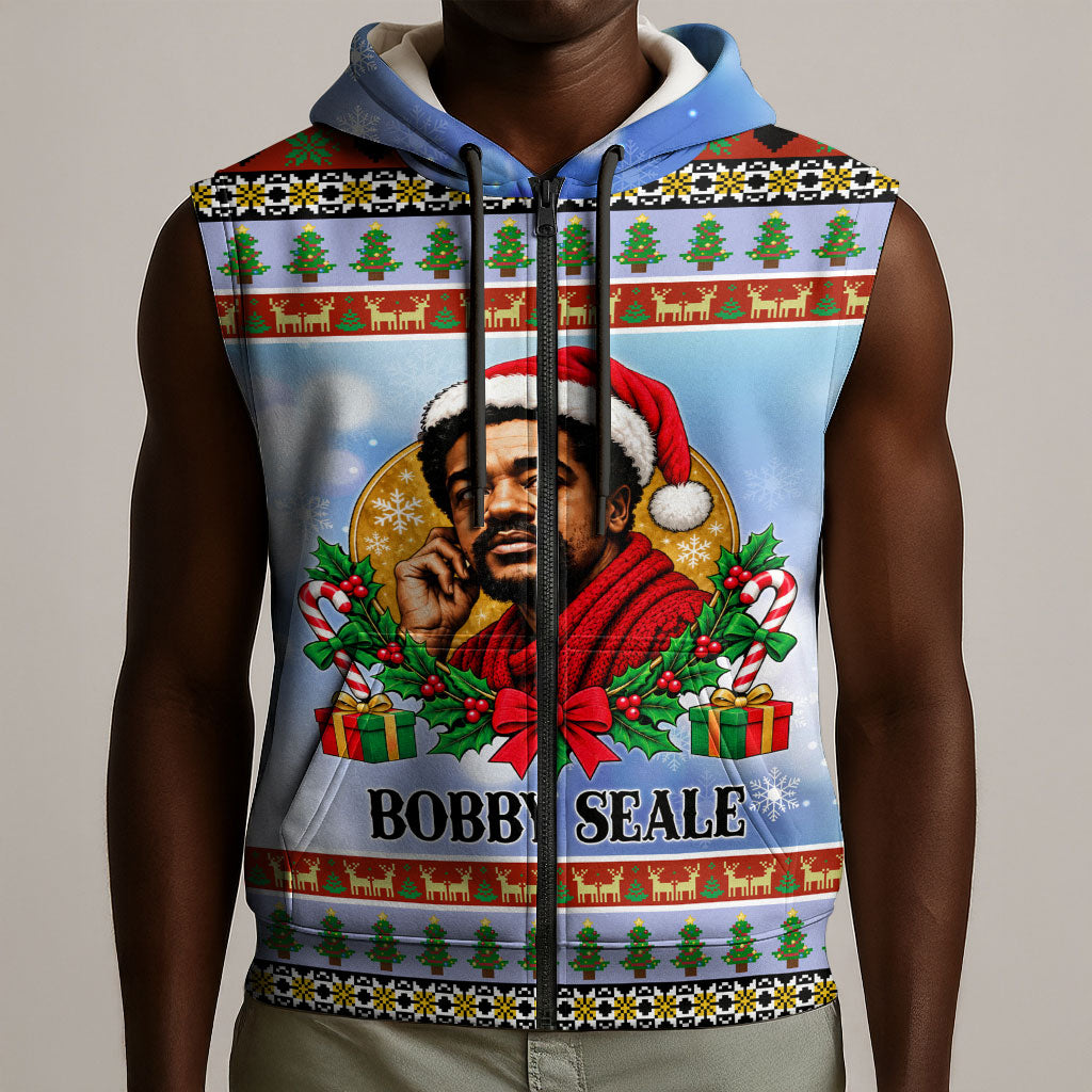 Bobby Seale Christmas Sleeveless Zip Hoodie Retro Ugly Christmas Pattern Festive Activist Portrait