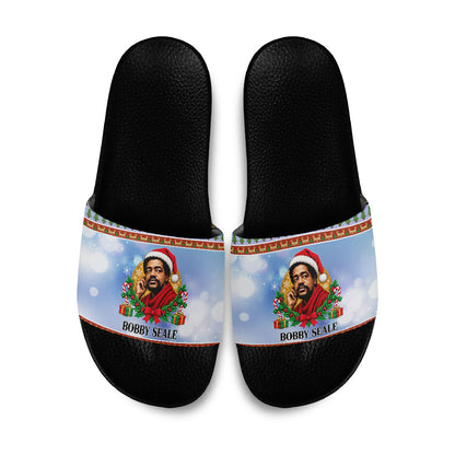 Bobby Seale Christmas Slide Sandals Retro Ugly Christmas Pattern Festive Activist Portrait